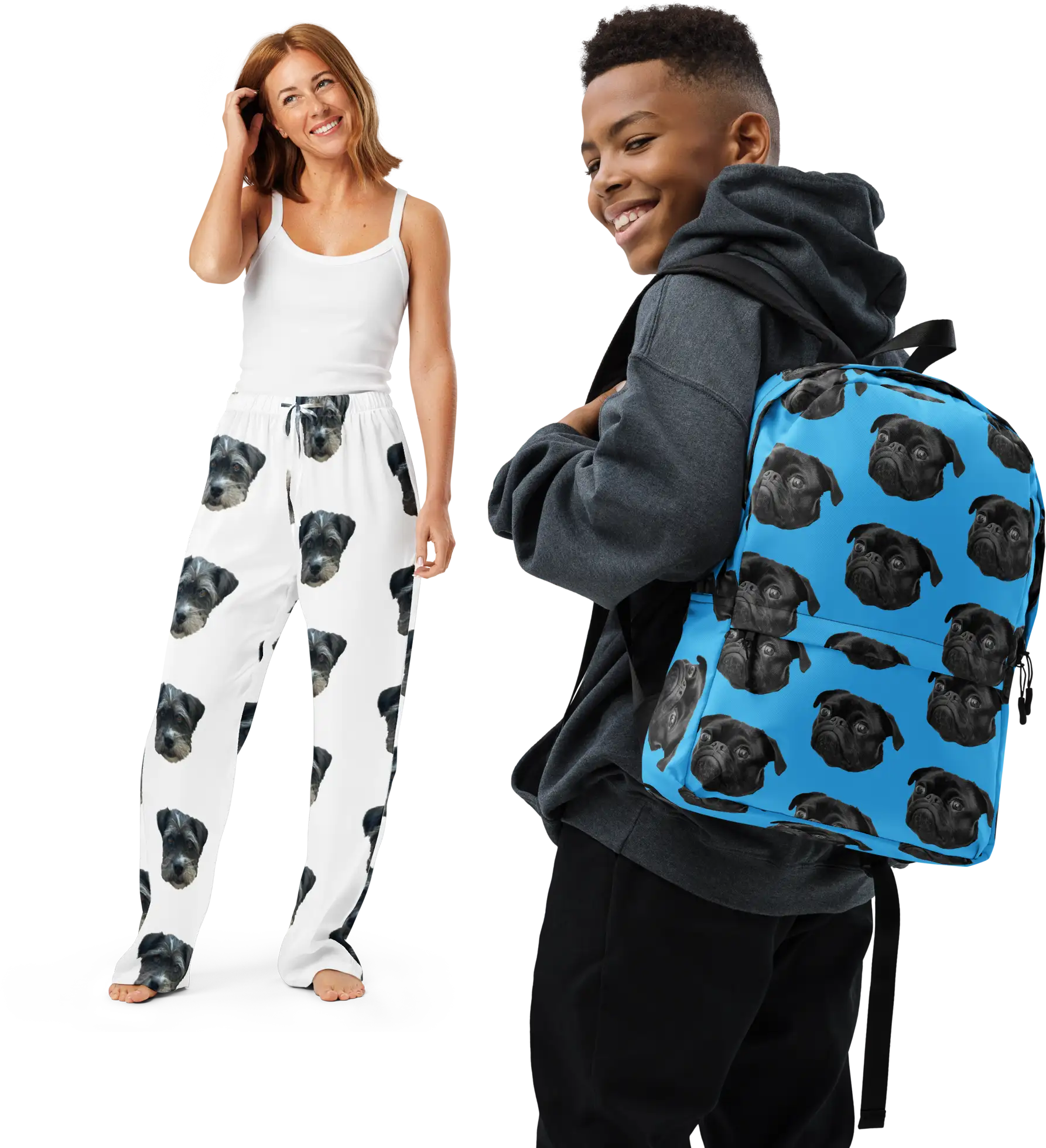 Woman and youth boy modeling custom products printed with pet face pattern